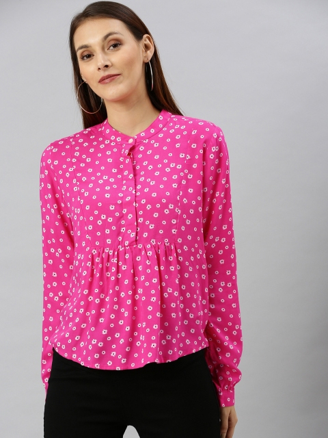 

Denizen From Levis Women Pink & White Ditsy Floral Print Shirt Style Top With Gathers