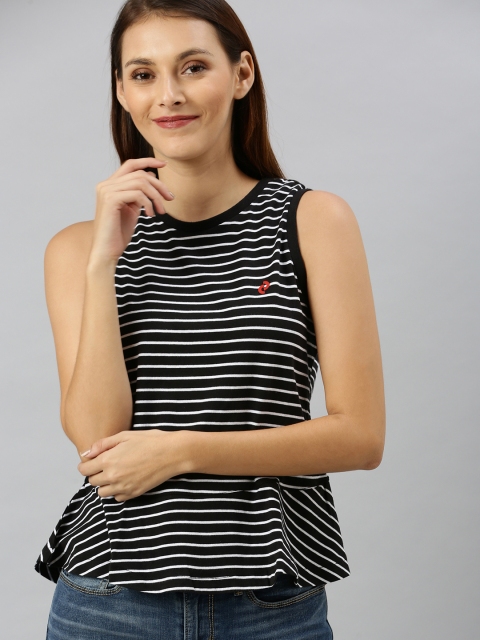 

Denizen From Levis Women Black & White Striped Peplum Top