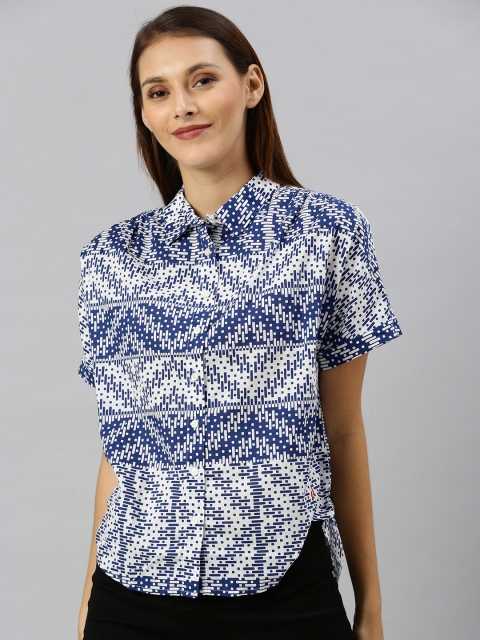 

Denizen From Levis Women White & Blue Regular Fit Printed Casual Shirt