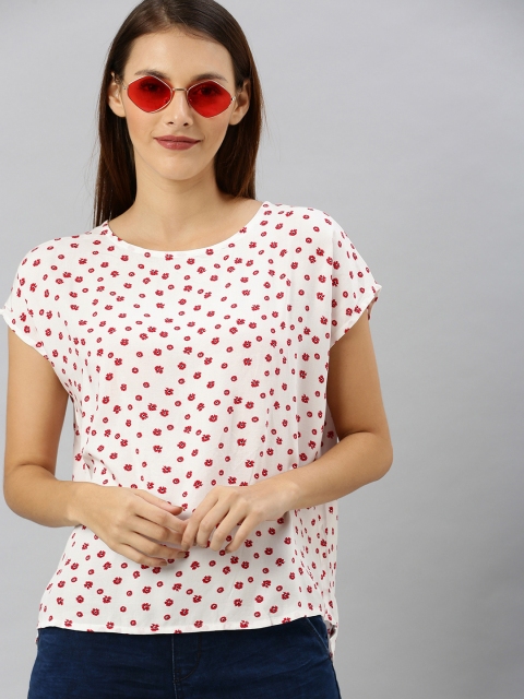 

Denizen From Levis Women White & Red Ditsy Floral Print Boxy Top With Gathers