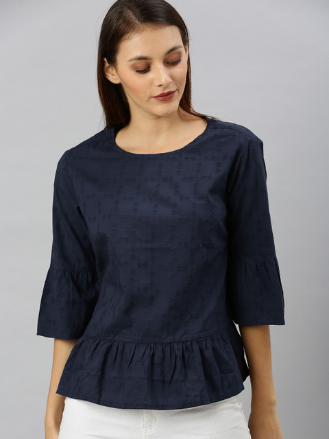 

Denizen From Levis Women Navy Blue Self Design A-Line Top With Gathers & Bell Sleeves