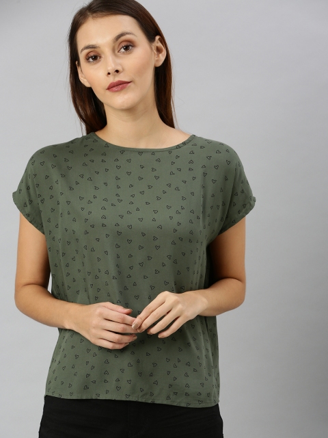 

Denizen From Levis Women Olive Green & Black Printed Boxy Top With Gathers