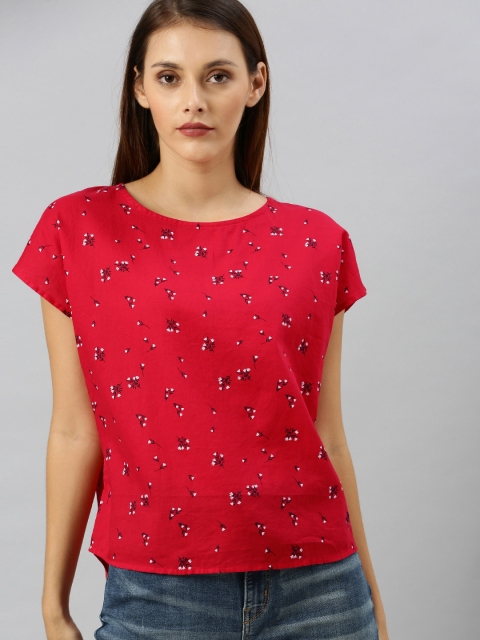

Denizen From Levis Women Red & Black Ditsy Floral Print Pure Cotton Top With Gathers