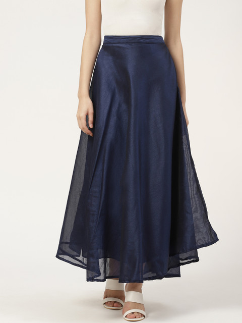

Vastraa Fusion Women Navy Solid Chanderi Flared Maxi Skirt, Navy blue