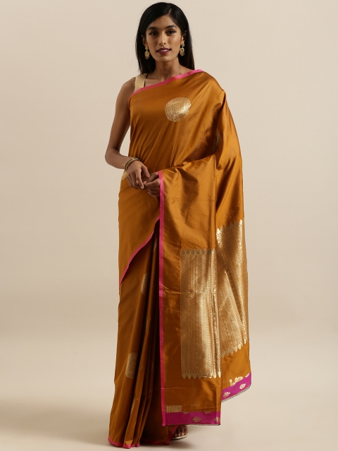 

VASTRANAND Mustard Yellow & Gold-Colored Silk Blend Woven Design Banarasi Saree