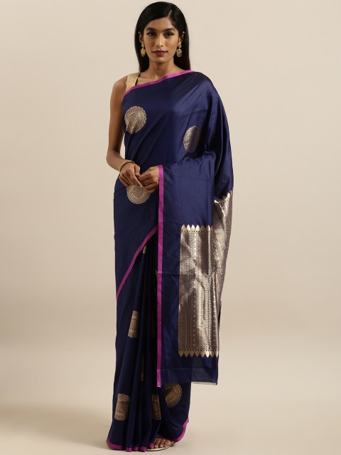 

VASTRANAND Navy Blue & Gold-Toned Silk Blend Printed Banarasi Saree