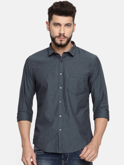 

ether Men Navy Blue Slim Fit Antimicrobial Filafil Shirt