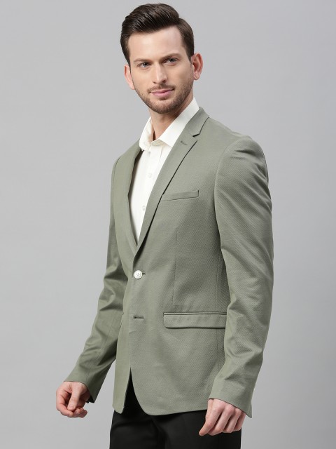 

Louis Philippe Sport Men Olive Green Self Design Super Slim Fit Formal Pure Cotton Blazer