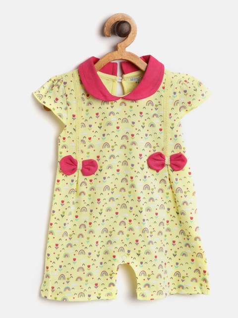 

Moms Love Girls Yellow & Red Floral & Rainbow Print Rompers with Bow Detail