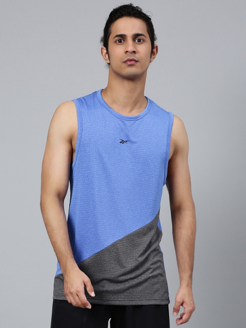 

Reebok Men Blue & Charcoal Grey Colourblocked Workout Ready Melange Tank T-Shirt