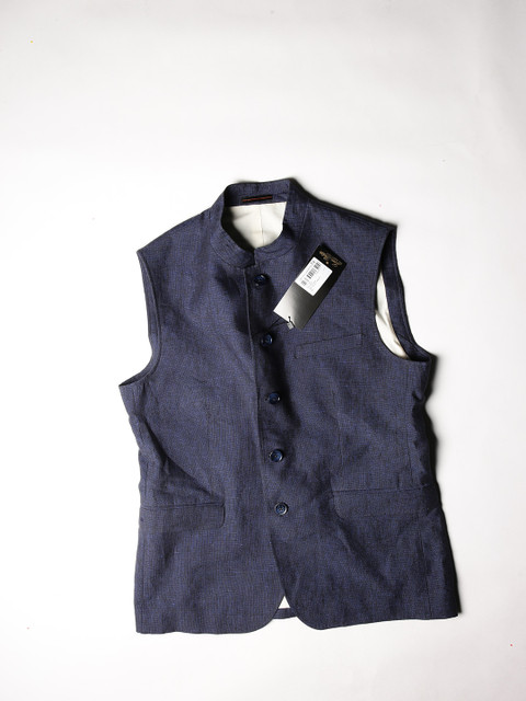 

Louis Philippe Navy Blue Solid Linen Nehru Jacket