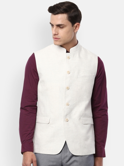 

Louis Philippe Men Cream-Coloured Woven Design Nehru Jacket