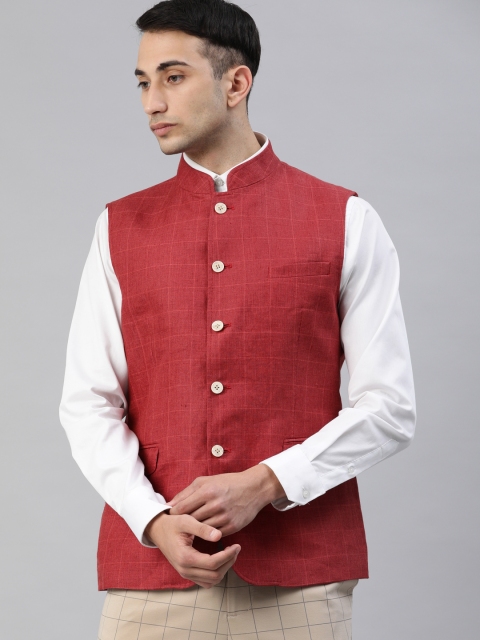 

Louis Philippe Men Red Regular Fit Checked Linen Nehru Jacket
