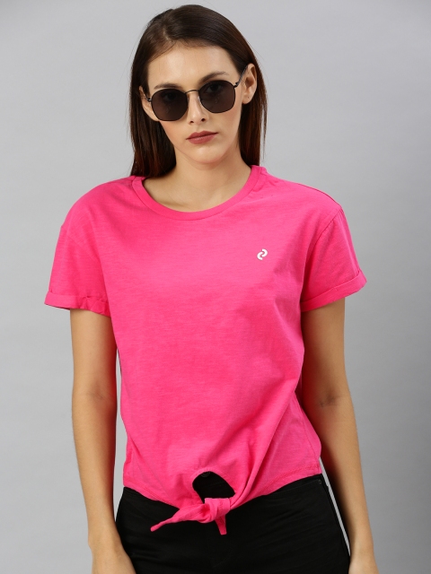 

Denizen From Levis Women Pink Solid Round Neck T-shirt With Tie-Up
