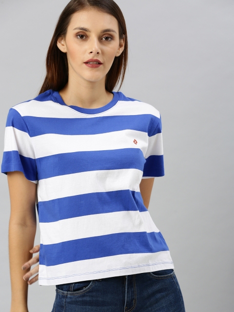 

Denizen From Levis Women White Striped Round Neck T-shirt