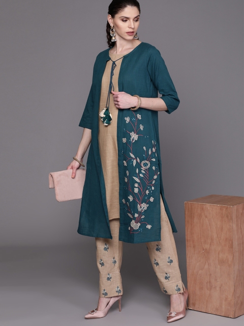 

AKS Couture Women Teal Blue & Brown Embroidered Layered Kurta with Palazzos
