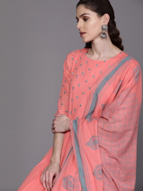 

AKS Couture Women Peach-Coloured & Teal Blue Yoke Design Anarkali Kurta With Dupatta