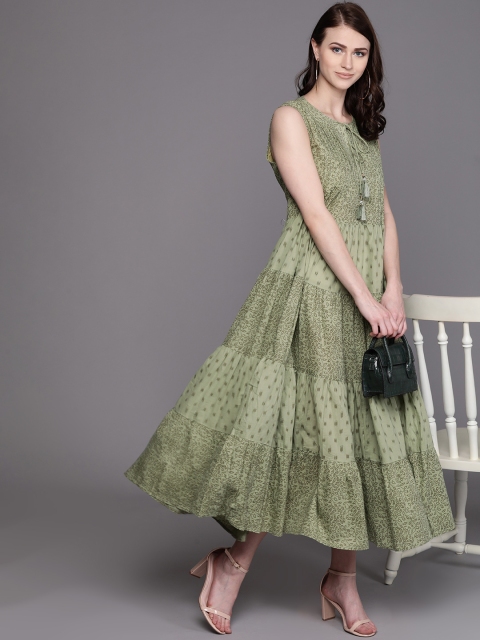 

AKS Couture Women Olive Green Printed Tiered Maxi Dress