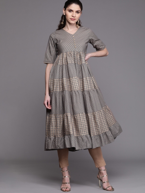 

AKS Couture Women Grey & Golden Printed Tiered Anarkali Kurta