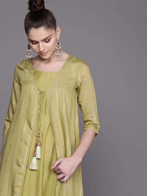 

AKS Couture Women Olive Green & Golden Striped Layered Maxi Dress