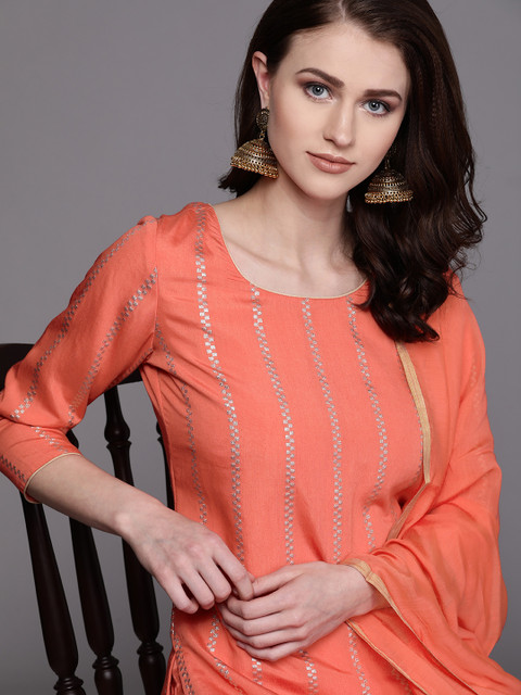 

AKS Couture Women Coral Orange & Golden Striped Kurta with Sharara & Dupatta