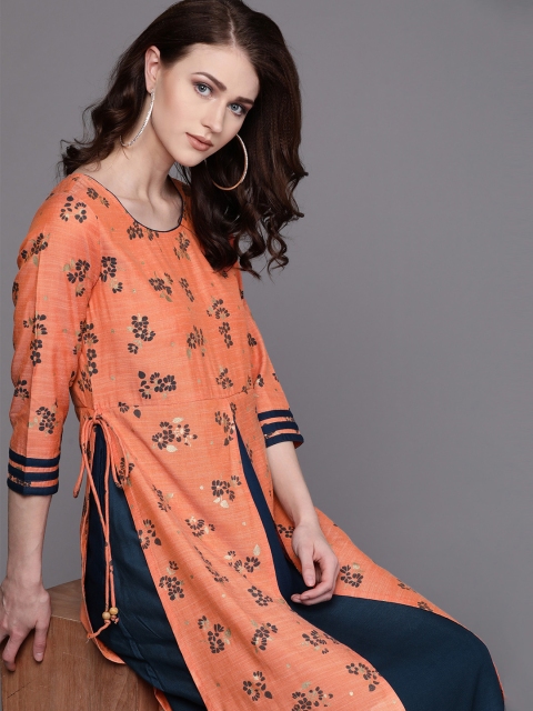 

AKS Couture Women Orange & Teal Blue Floral Print Layered Maxi Dress