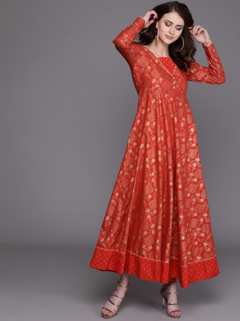 

AKS Couture Women Red & Golden Printed Maxi Dress