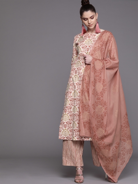 

AKS Couture Women Off-White & Dusty Pink Printed Kurta with Palazzos & Dupatta