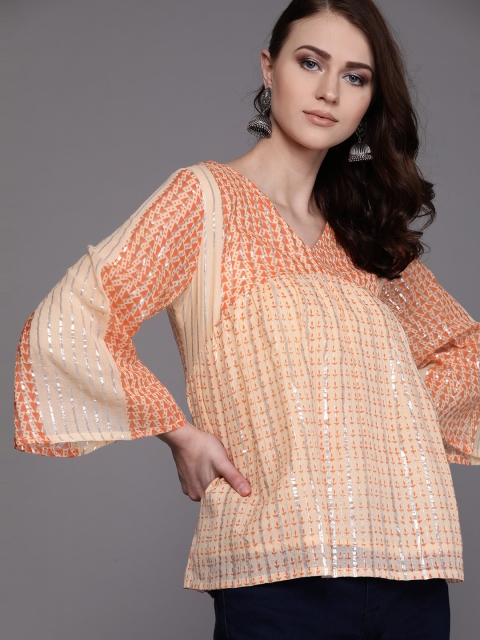 

AKS Couture Women Peach-Coloured & Silver Printed A-Line Top