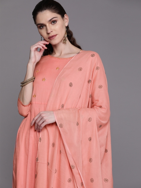 

AKS Couture Women Peach-Coloured & Golden Yoke Design Anarkali Kurta With Dupatta