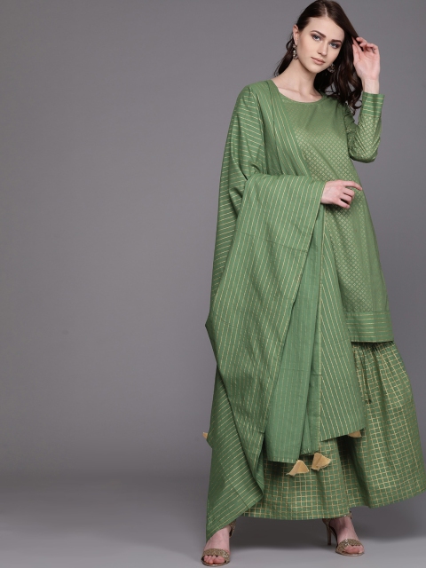 

AKS Couture Women Green & Golden Printed Kurta with Sharara & Dupatta