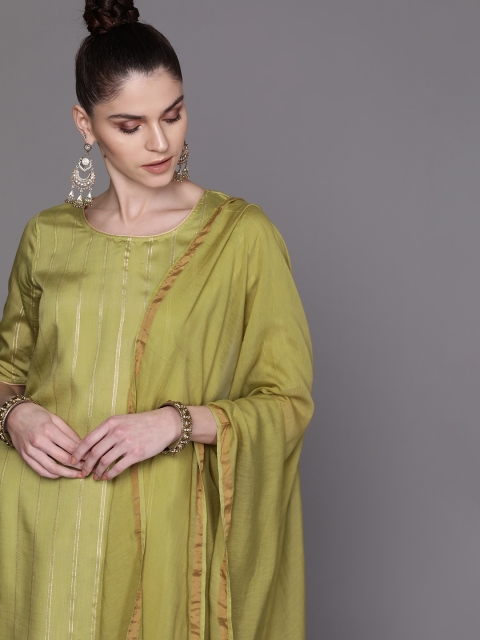 

AKS Couture Women Olive Green & Golden Striped Kurta with Palazzos & Dupatta