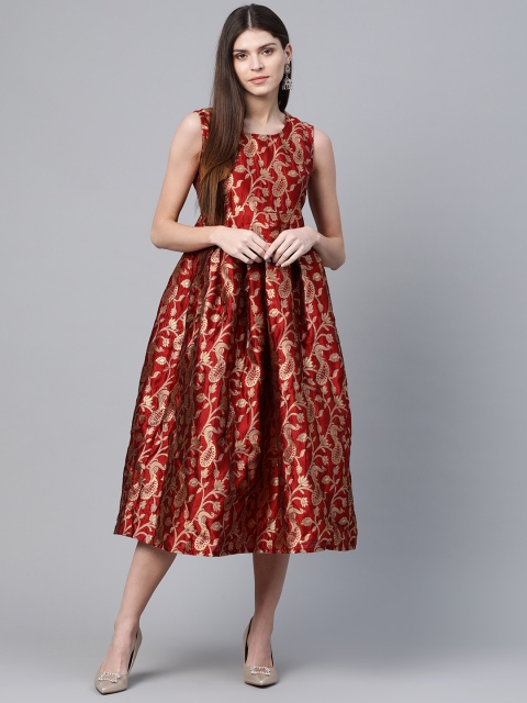 

AKS Couture Women Maroon & Golden Self Design Wrap Dress