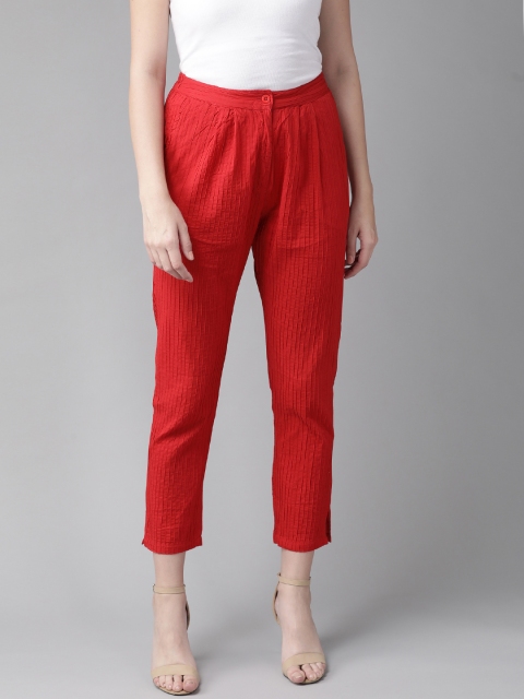 

AKS Women Red Self-Striped Regular Cropped Trousers