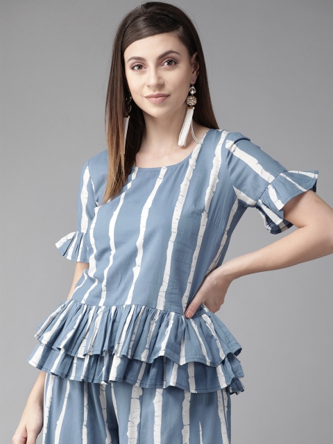

AKS Women Blue & White Striped Ruffled A-Line Top