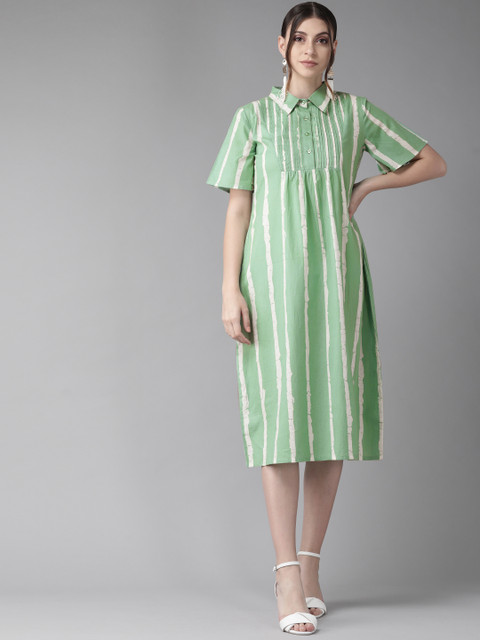 

AKS Women Green & White Striped Shirt Dress