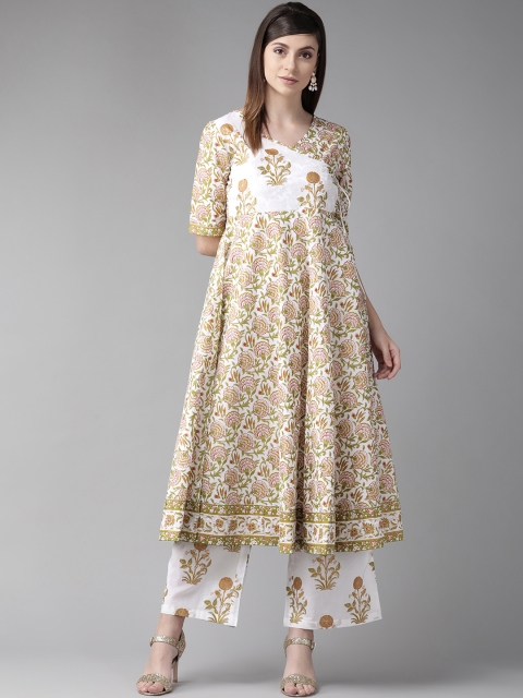 

AKS Women White & Olive Green Floral Print Angrakha Anarkali Kurta