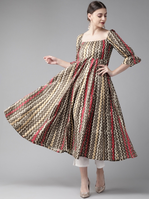 

AKS Women Brown & Red Striped Anarkali Kurta