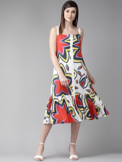 

AKS Women White & Red Printed A-Line Dress