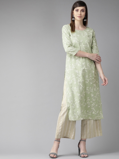 

AKS Women Green & White Floral Printed Straight Kurta