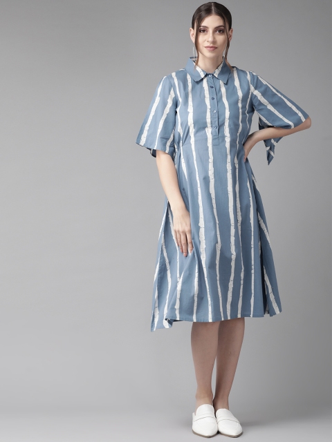 

AKS Women Blue & White Striped Shirt Dress