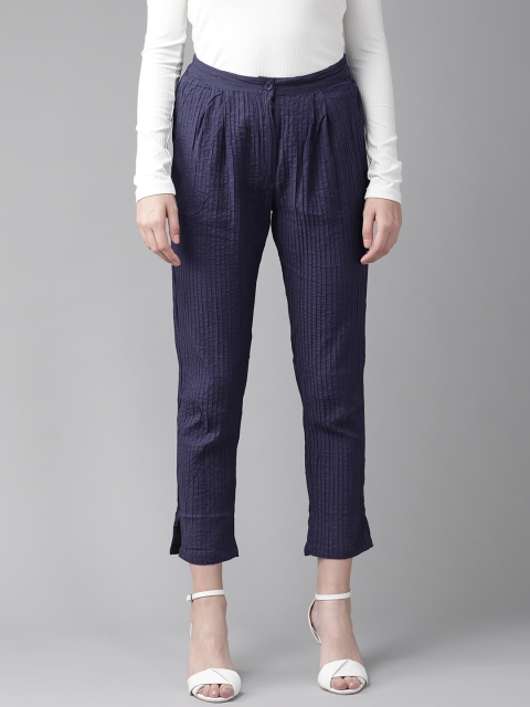 

AKS Women Navy Blue Self-Striped Regular Cropped Trousers