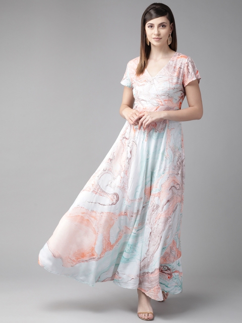 

AKS Women Sea Green & Coral Pink Printed Maxi Dress