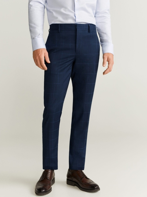 

MANGO MAN Navy Blue Super Slim Fit Checked Formal Trousers