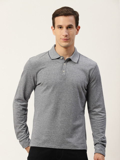 

MANGO MAN Men Grey Melange Solid Polo Collar T-shirt