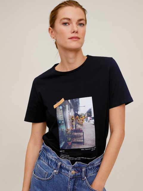 

MANGO Women Black White Printed Round Neck Organic Cotton T-shirt