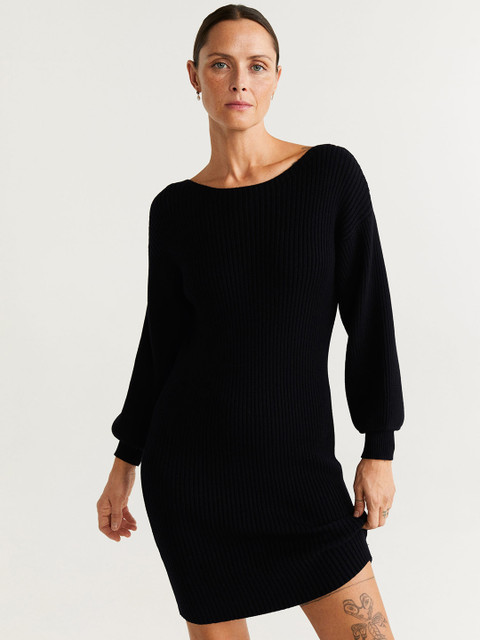 

MANGO Women Black Ribbed Sheath Dress