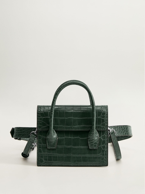 

MANGO Olive Green Croc Textured Handheld Bag