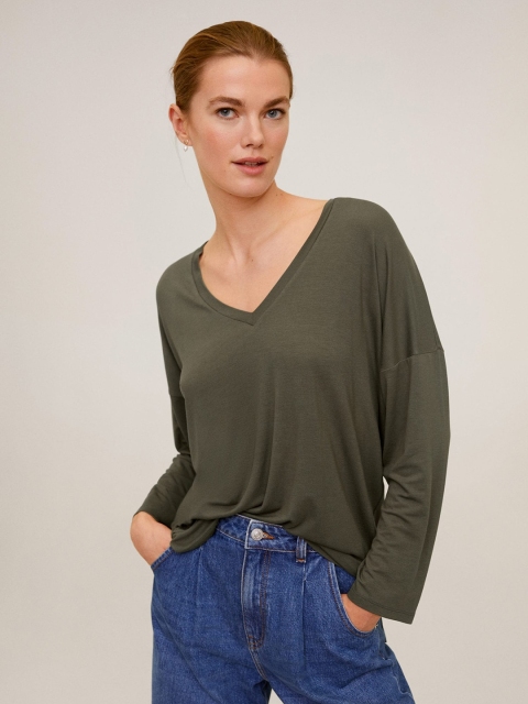 

MANGO Women Olive Green Solid V-Neck Drop-Shoulder T-Sustainable Shirt