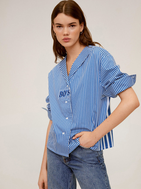 

MANGO Women Blue & White Regular Fit Striped Casual Shirt